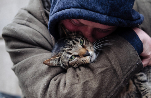 1 – CAT DADDIES David Giovanni hugs his cat Luck